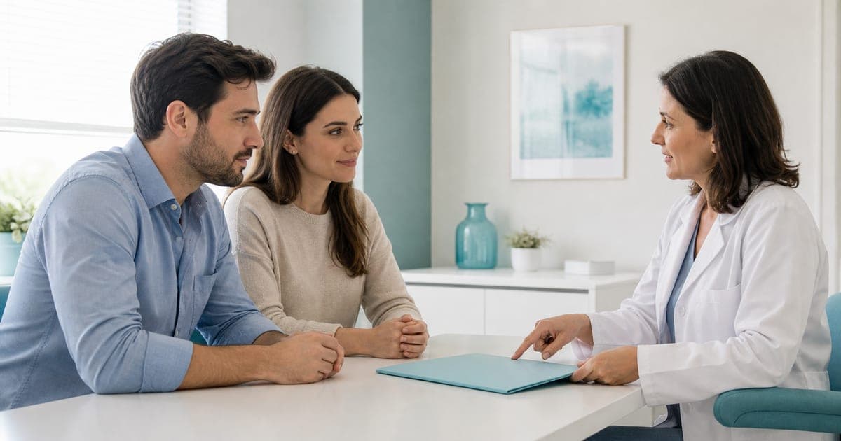 Pareja conversando con una especialista en una clínica de fertilidad