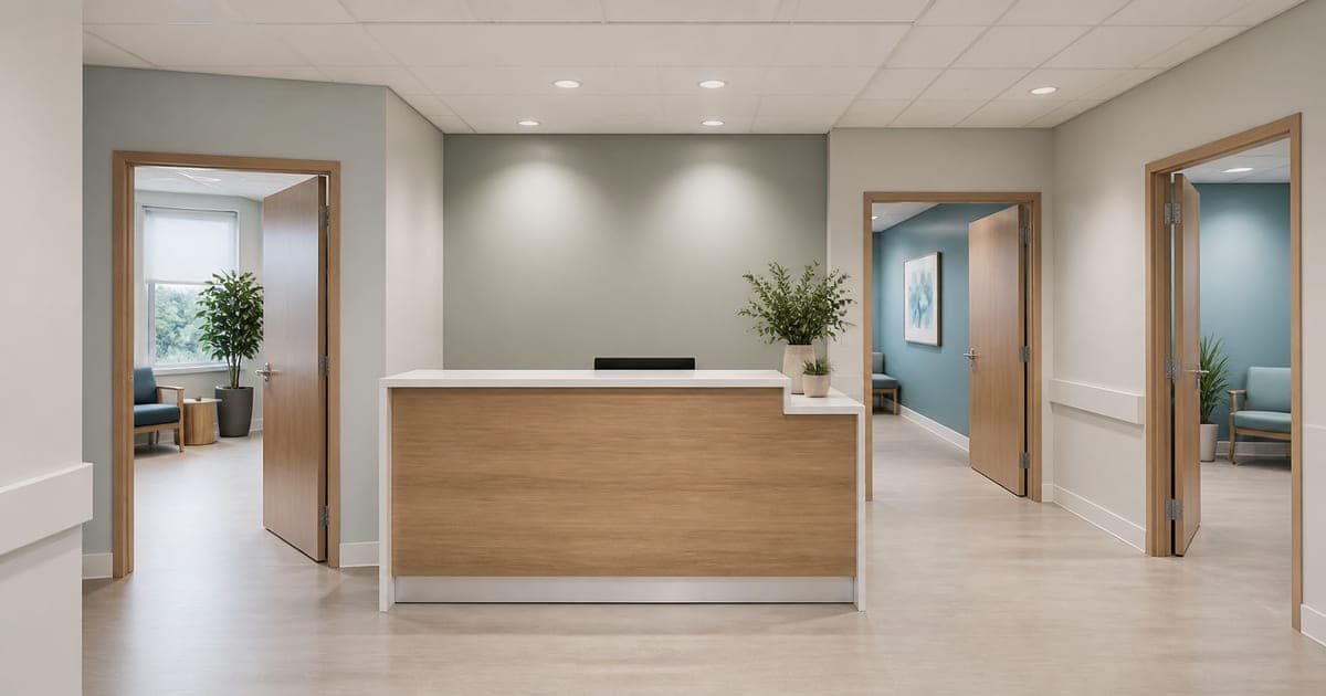 Recepción de un grupo médico con acceso a varias áreas de consulta